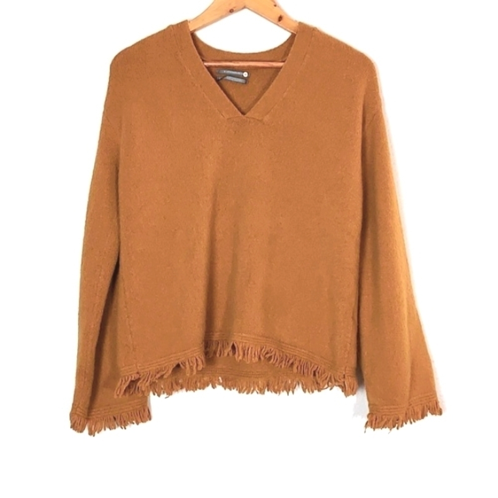 Anthropologie Joy Fringed V-Neck Sweater Wool Alpaca Yellow Size Small